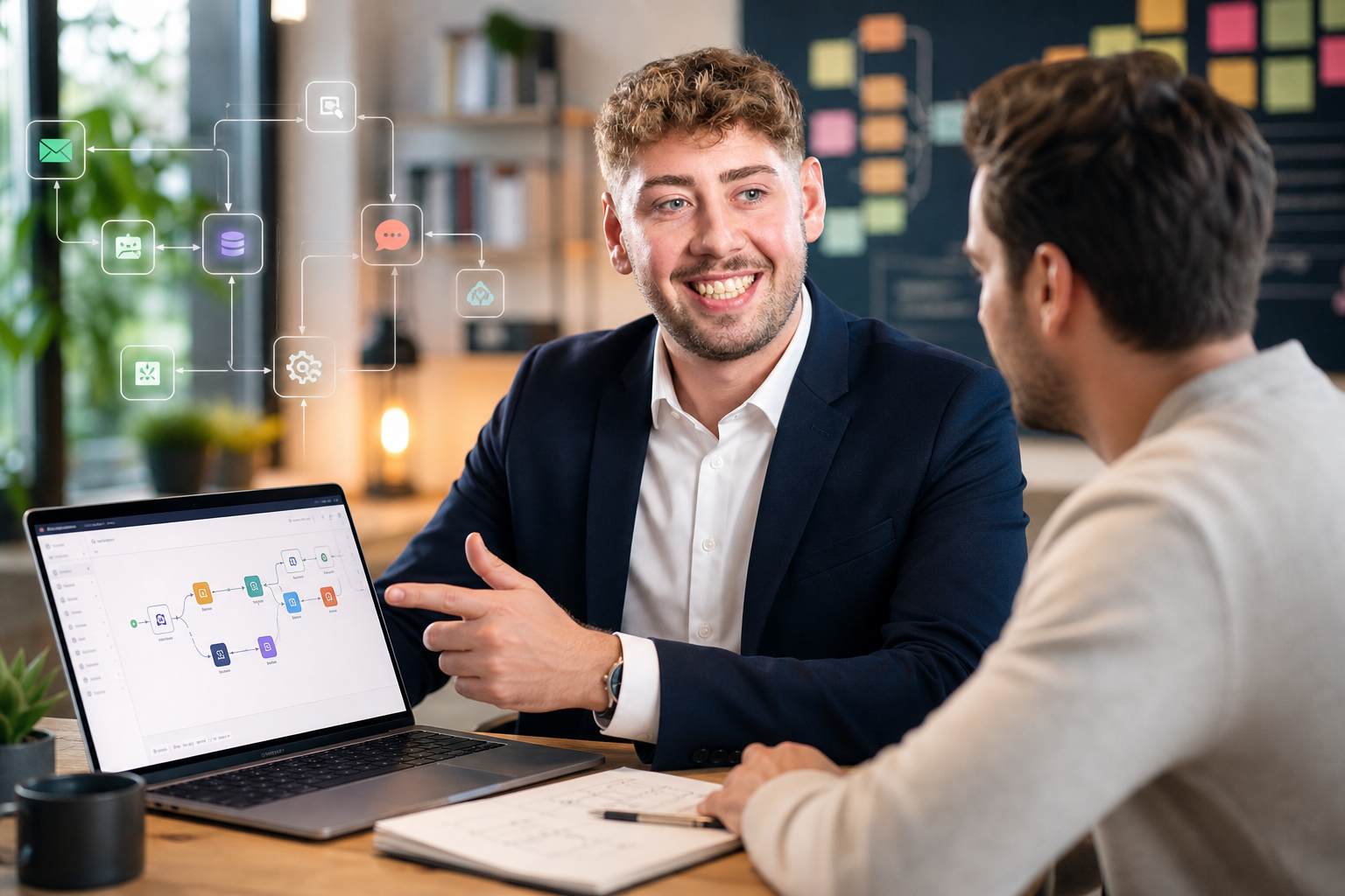 Adrian Murmann erklärt einem Kunden eine KI-Automation am Laptop